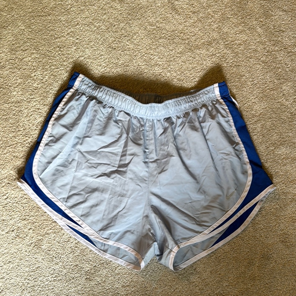 Nike Gray and Blue Athletic Shorts with Curved Hem